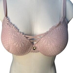 Juicy Couture Intimates Beige Pink Lace Floral Trim Plunge Bra 34C